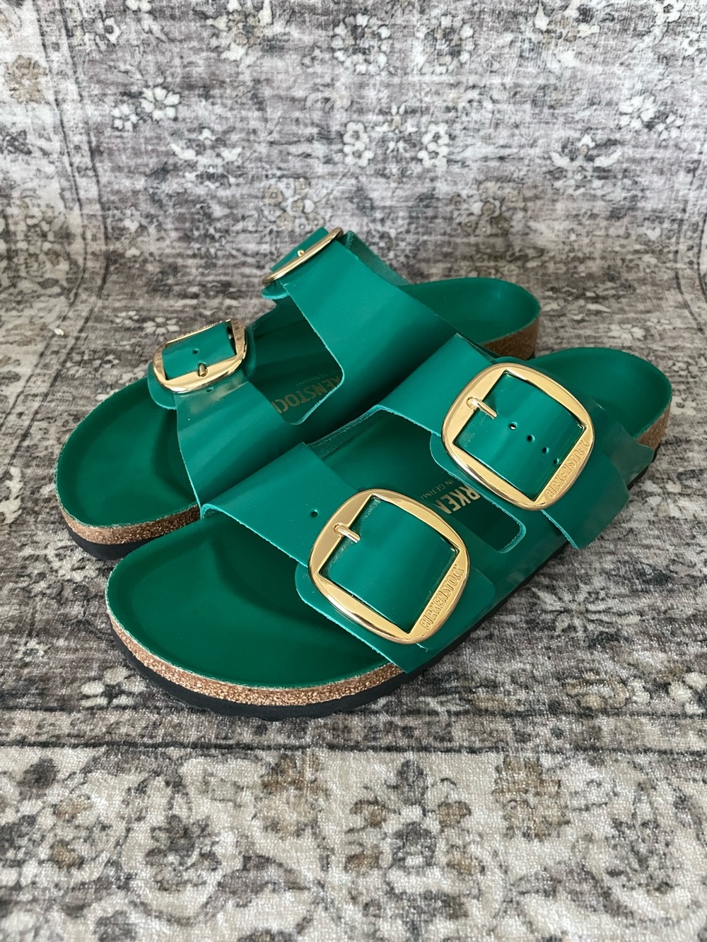 Birkenstock Arizona Big Buckle Digital Green High Shine Leather Size 42 Gold